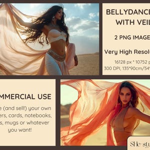 Könnte beinhalten: Digitales Kunstwerk mit zwei Bauchtänzerinnen mit Schleiern in einer Wüstenlandschaft. Der Text lautet "Bellydancers with Veil" und "Commercial Use". Die Auflösung beträgt 16128 x 10752 px, 300 DPI und 135 x 90 cm.