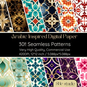 May include: 30 digital paper patterns inspired by Arabic design. The patterns are seamless and feature intricate geometric designs in a variety of colors, including blue, green, red, gold, and black. The patterns are 12 inches by 12 inches and 420 DPI.