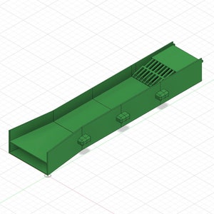 Puede incluir: Modelo 3D verde y rectangular de una estructura con un canal inclinado, una sección enrejada y varias protuberancias rectangulares. El modelo está sobre un fondo de cuadrícula.