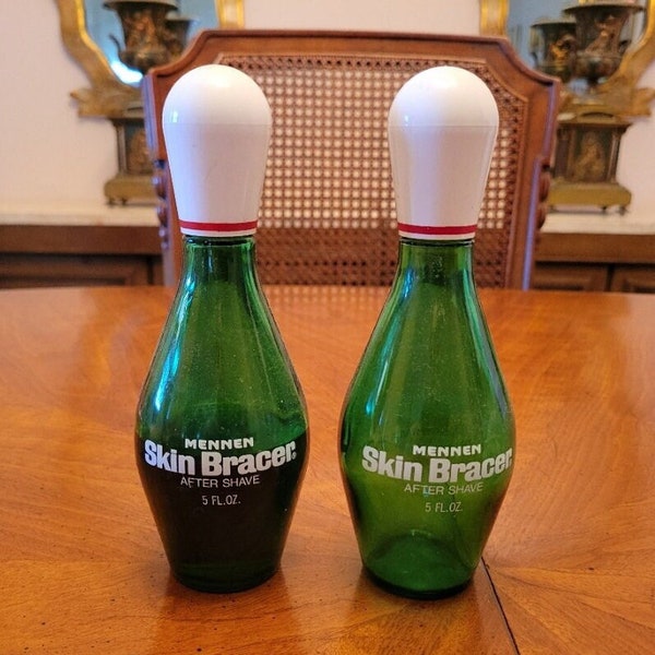 Pair of Vintage Mennen Skin Bracer After Shave Bowling Pin 5 Fl oz Green Glass bottle