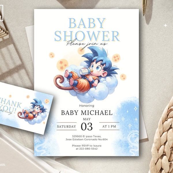 Faire-part de baby shower, anime Goku, modèle d'invitation de baby shower minimaliste modifiable, modèle de baby shower, boule de dragon