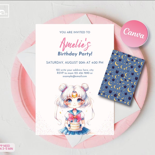 Plantilla de invitación de cumpleaños de Sailor Scout, invitación digital editable de Canva