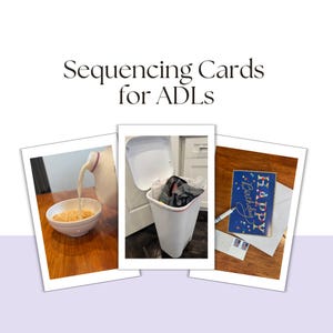 May include: Three images showing different steps in a daily routine. The first image shows a carton of milk being poured into a bowl of cereal. The second image shows a white trash can with a black trash bag inside. The third image shows a blue card with the words "Happy Birthday" on it, an envelope, and a pen on a wooden table.