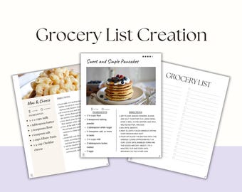 May include: A printable grocery list creation guide with recipes for mac and cheese and sweet and simple pancakes. The guide includes a checklist for grocery shopping.