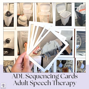 Puede incluir: Un conjunto de tarjetas de secuenciación de AVQ para terapia del habla para adultos. Las tarjetas muestran imágenes de objetos y actividades cotidianas, como una camisa a cuadros azul y blanca, una caja roja y botes de basura. El texto "ADL Sequencing Cards Adult Speech Therapy" está presente.