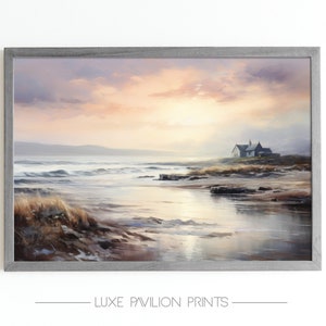 Rustic Beach House Print | Coastal Vintage Landscape | Digital Printable Art | Calm Coastal Vintage Oil Painting | High Quality Wall Art