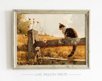 Cat on a Country Fence Print | Rustic Farm Print | Digital Printable Art | Wildflowers and Cat Oil Painting | High Quality Wall Art