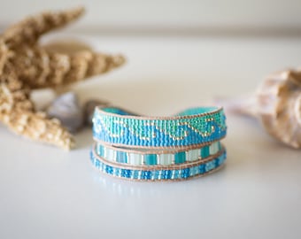 Beaded Leather Triple Wrap Bracelet, Coastal Miyuki Beads, Sterling Silver