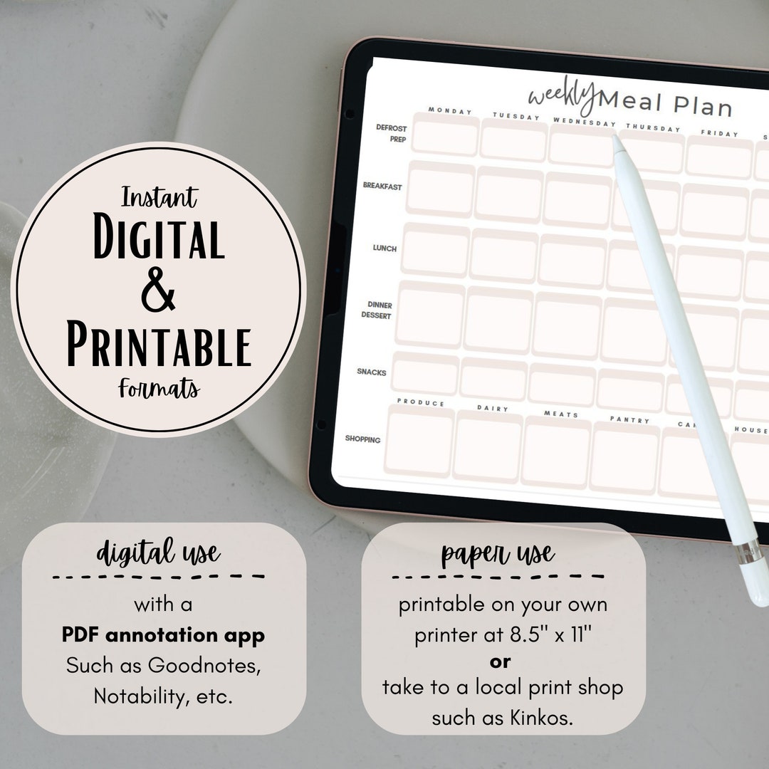 DIGITAL & PRINTABLE Weekly Meal Planner, INSTANT Download, Goodnotes ...
