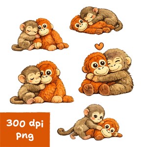 May include: A set of illustrations showing cartoon monkeys in loving embraces. The monkeys are in shades of brown and orange, with smiling faces and a heart symbol. The image also includes the text "300 dpi png".