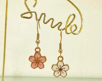 Spring Pink White Sakura Cherry Blossom Gold Earrings
