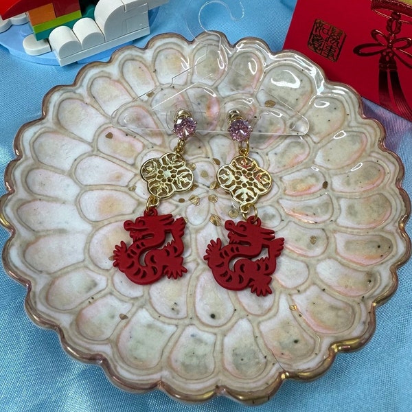 Lunar New Year Chinese Red Dragon Gold Flower Geometric Earrings