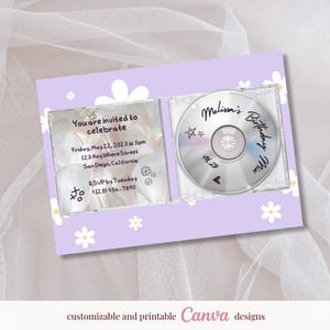 May include: A purple and white invitation card with a CD-shaped design. The card features a crown, flowers, and the text "You are invited to celebrate" and "Melina's Birthday Mix".