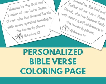Personalized Bible verse coloring page for children scripture memory printable coloring sheet with custom name Ephesians 1:3 kids activity