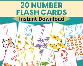Schede flash numeriche per schede educative del curriculum scolastico domestico numeri tracciabili a tema animali per bambini in età prescolare download immediato