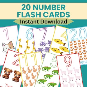 Nummerflitskaarten voor het leerplan voor thuisonderwijs, educatieve kaarten, traceerbare nummers met dierenthema voor kleuters, direct downloaden