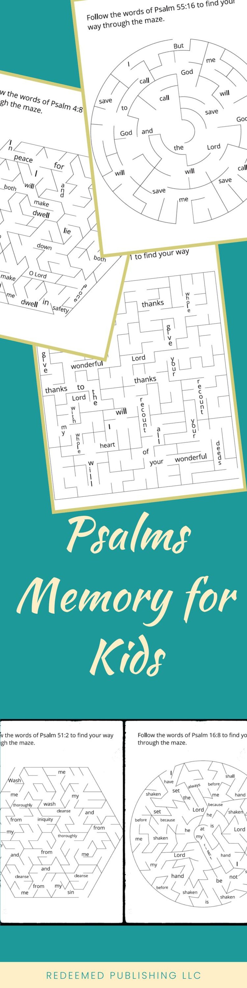 May include: Four black and white mazes with words from Psalms. The mazes are in the shape of a circle, hexagon, and two squares. The title "Psalms Memory for Kids" is in green text on a teal background.