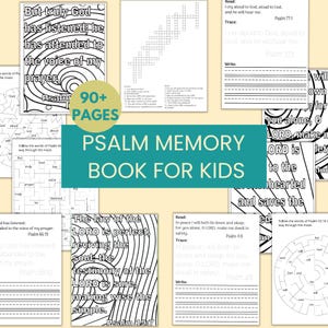 Könnte beinhalten: Schwarzweißes druckbares Aktivitätsbuch für Kinder mit Psalmenversen. Das Buch enthält Labyrinthe, Wortsuchen und Malvorlagen. Der Umschlag zeigt den Text "Psalm Memory Book for Kids".