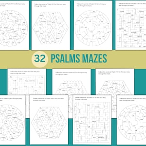 May include: A set of 32 printable maze worksheets featuring different verses from the book of Psalms. Each maze is a different shape and features a different verse from the book of Psalms. The mazes are black and white and are ready to be printed and used.