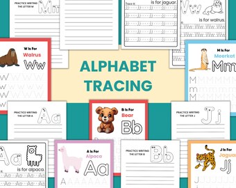 Alphabet handwriting practice tracing activities for preschool and kindergarten educational worksheet printable animal themed learning