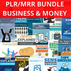 Könnte beinhalten: Eine Collage von Buchumschlägen mit Titeln zu den Themen Business, Finanzen und Unternehmertum. Die Umschläge zeigen verschiedene Farben und Designs, darunter Bilder von Menschen, Geld und Technologie.