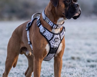 Arnés antitirones para perros, ajustable, con estampado de dálmata blanco, correa y collar para pasear.