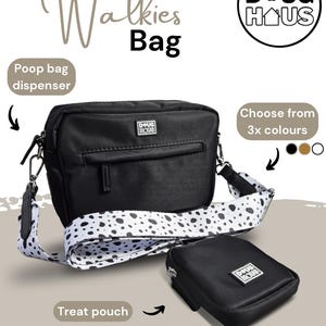 Sac de promenade pour chien DOUG HAUS - Bandoulière réglable, pochette à friandises, sac unisexe élégant pour propriétaires d'animal de compagnie - accessoire pour chien noir, blanc, marron