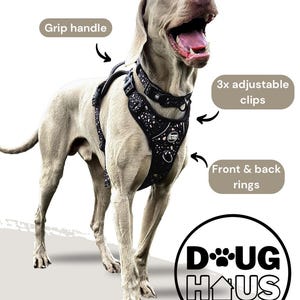 Puede incluir: Un arn&eacute;s de perro negro con un dise&ntilde;o brillante. El arn&eacute;s tiene un asa de agarre, 3 clips ajustables y anillos delanteros y traseros. El arn&eacute;s lo lleva un perro gris. El texto "D-U-G H-U-S" es visible en la imagen.