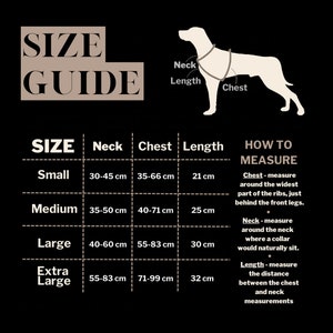 Puede incluir: Una gu&iacute;a de tallas para arneses de perro, que muestra una silueta de perro con medidas para el cuello, el pecho y la longitud. La tabla incluye tallas desde la peque&ntilde;a hasta la extra grande con medidas correspondientes en cent&iacute;metros.
