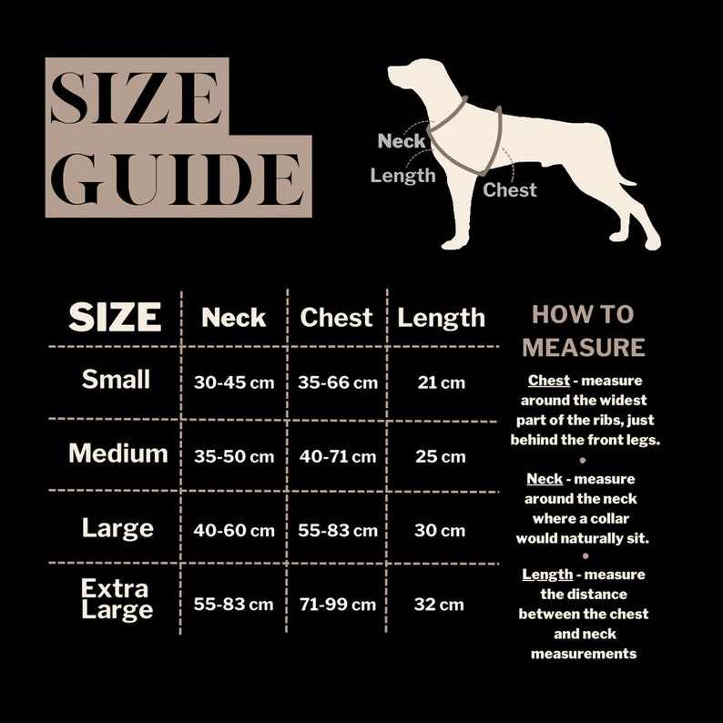 Puede incluir: Una gu&iacute;a de tallas para arneses de perro, que muestra una silueta de perro con medidas para el cuello, el pecho y la longitud. La tabla incluye tallas desde la peque&ntilde;a hasta la extra grande con medidas correspondientes en cent&iacute;metros.