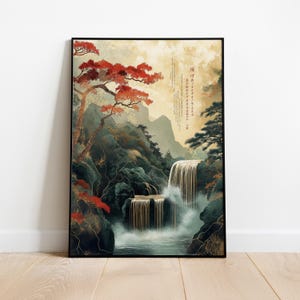Chinesischer Wasserfall Kunstdruck – Traditionelle Landschaft mit Kalligraphie, Herbst Berge, Fine Art Poster