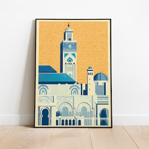 Stampa artistica di architettura marocchina - Arte murale geometrica islamica, illustrazione di moschea in stile vintage, poster di Marrakech giallo e blu