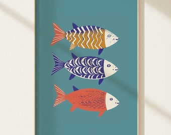 Kitchen Wall Art Printable - Stylish Retro Restaurant Art Print Fish Illustration Poster -