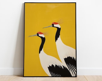 Japanese Red-Crowned Cranes Art Print: Minimalist Asian Decor