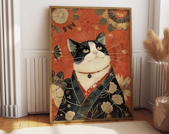 Vintage Japanese Cat Poster: Funny Kimono Wall Art (Digital Download)