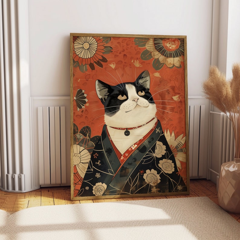 Vintage Japanese Cat Poster: Funny Kimono Wall Art (digital Download ...
