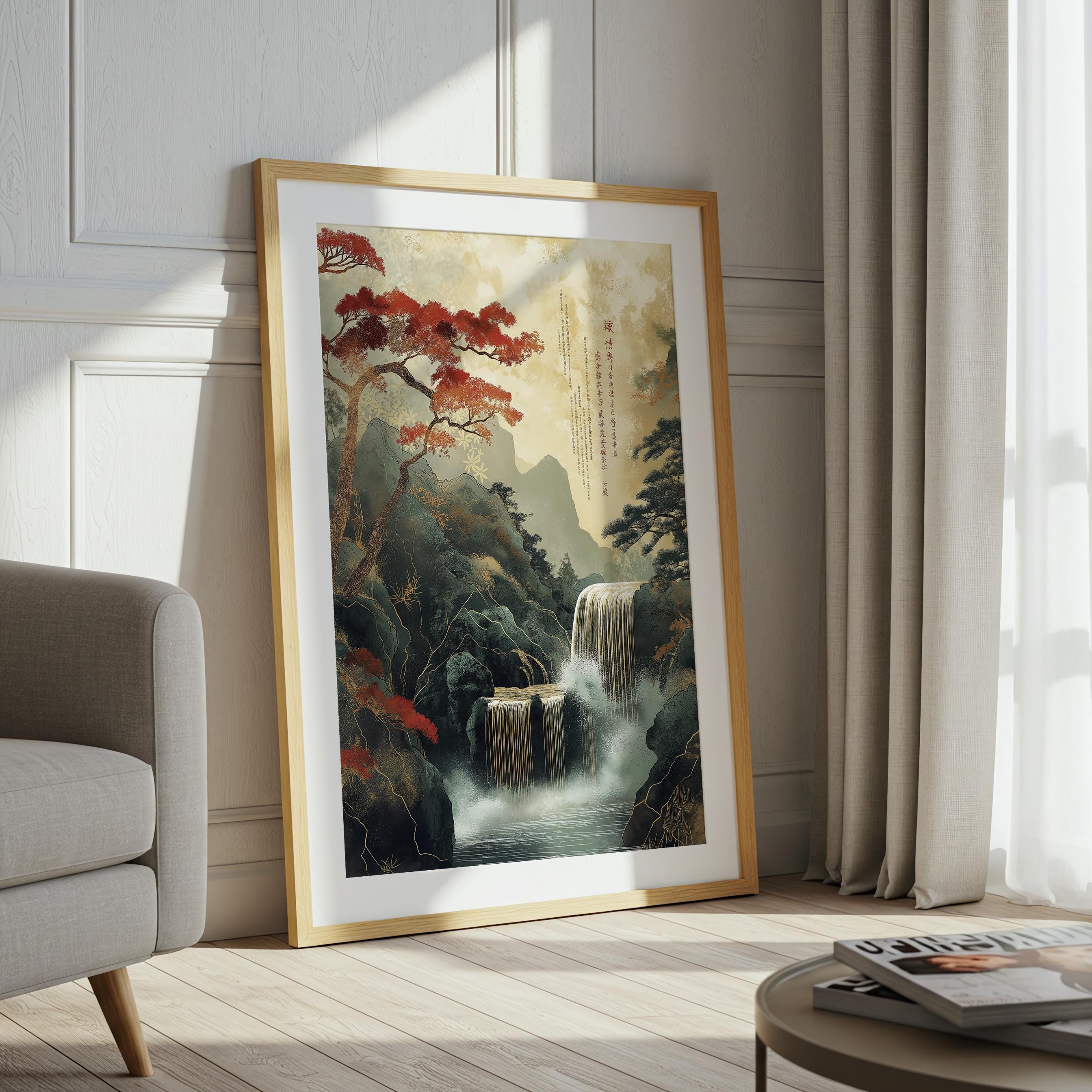 Chinese Waterfall Wall Art Print – Traditional Landscape With ...