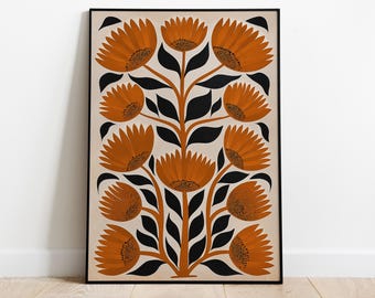 Estampado floral moderno de mediados de siglo: Floración naranja retro, arte mural botánico