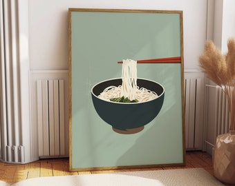 May include: A framed illustration of a bowl of noodles with chopsticks. The bowl is dark blue and the noodles are white. The background is a light green color.
