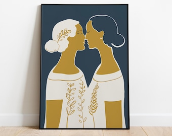 LGBTQ Line Art Print: Two Women Kissing, Minimalist Home Decor