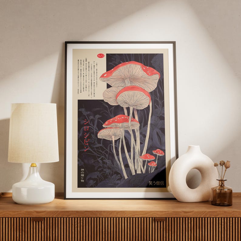 Hand-drawn psilocybin mushroom wall art with folklore inspiration