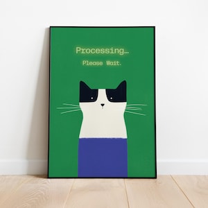 May include: A green background with a black framed image of a black and white cat with blue pants. The text "Processing... Please Wait." is in white on a black background.
