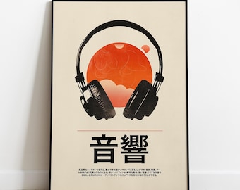 Retro Headphones Poster: Japanese-Inspired Music Wall Art