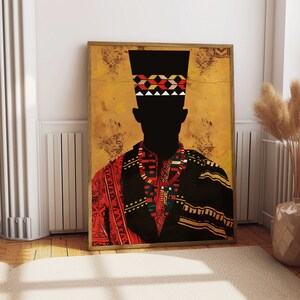 Let your walls tell a story! This Afrocentric print boasts vibrant colors and an intriguing man silhouette in an abstract dance of patterns.