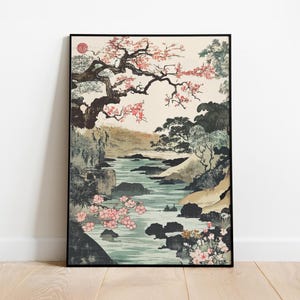 Elegante arte giapponese con fiori di ciliegio - Decorazione murale vintage - Stampa di paesaggio tranquillo