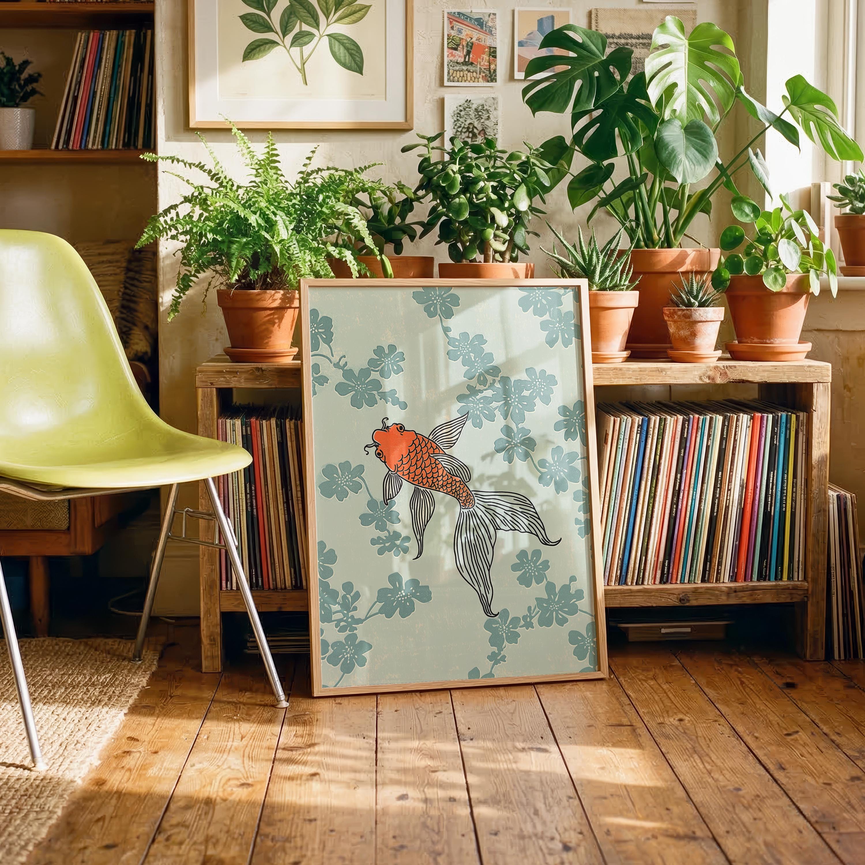 Minimalist Japanese Koi Fish Wall Art | Zen Floral Print in Pastel Blue ...