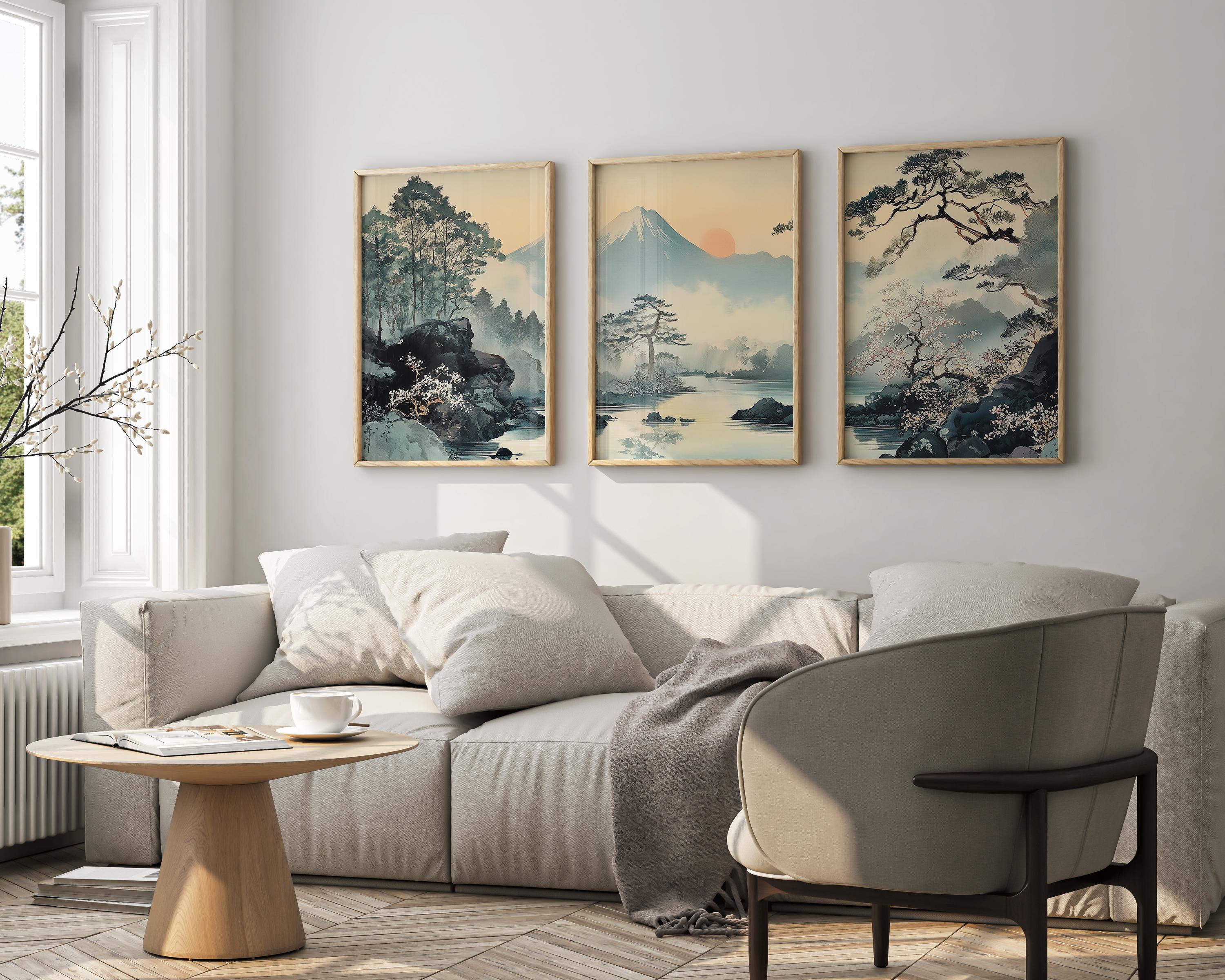 Japanese Mountain Triptych: Misty Sakura & Pine Tree Giclée Prints