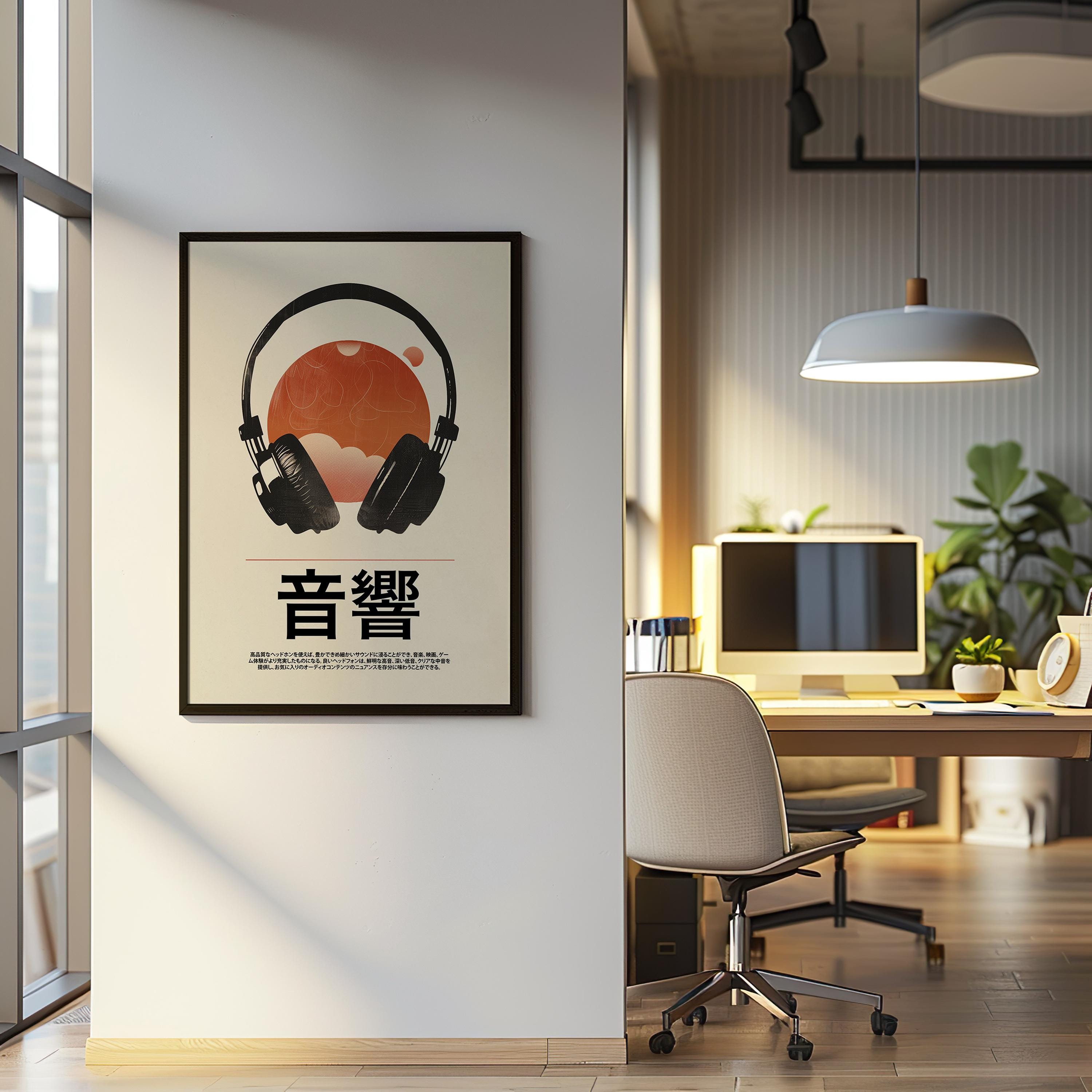 Japanese Retro Music Poster: Vintage Headphones Art (digital