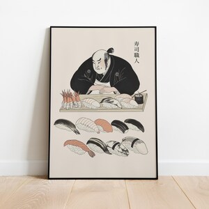 Traditional Japanese Chef & Assorted Sushi Art Print - Vintage Culinary Kitchen Wall Decor