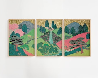Japanese Landscape Triptych Giclée Print Set, Modern Ukiyo-e Style Wall Art, Abstract Japanese Garden Art, Mid-Century Asian Folk Art Decor